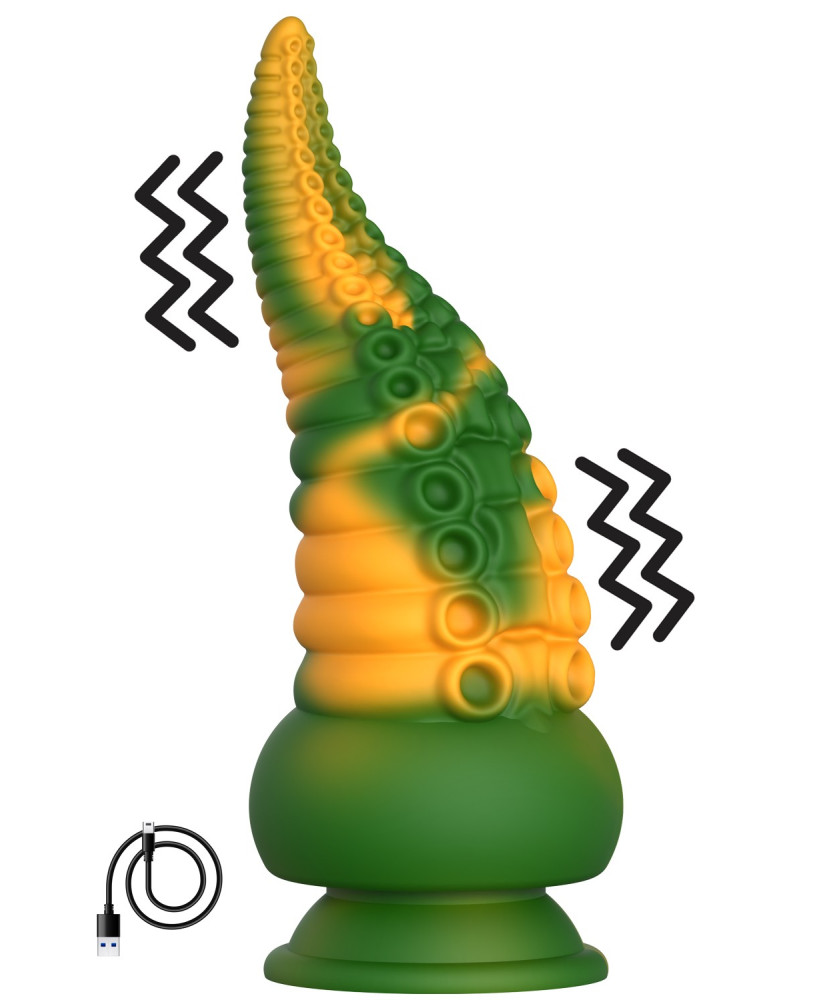 Gode ventouse tentacule Kraken vibrant 21 cm vert et jaune USB 
